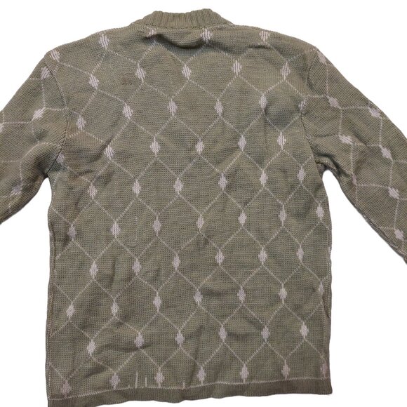 Vintage 1940s-1950s Olive Pea Green Beige Woven Print LS Knit V-Neck Sweater - Picture 8 of 8